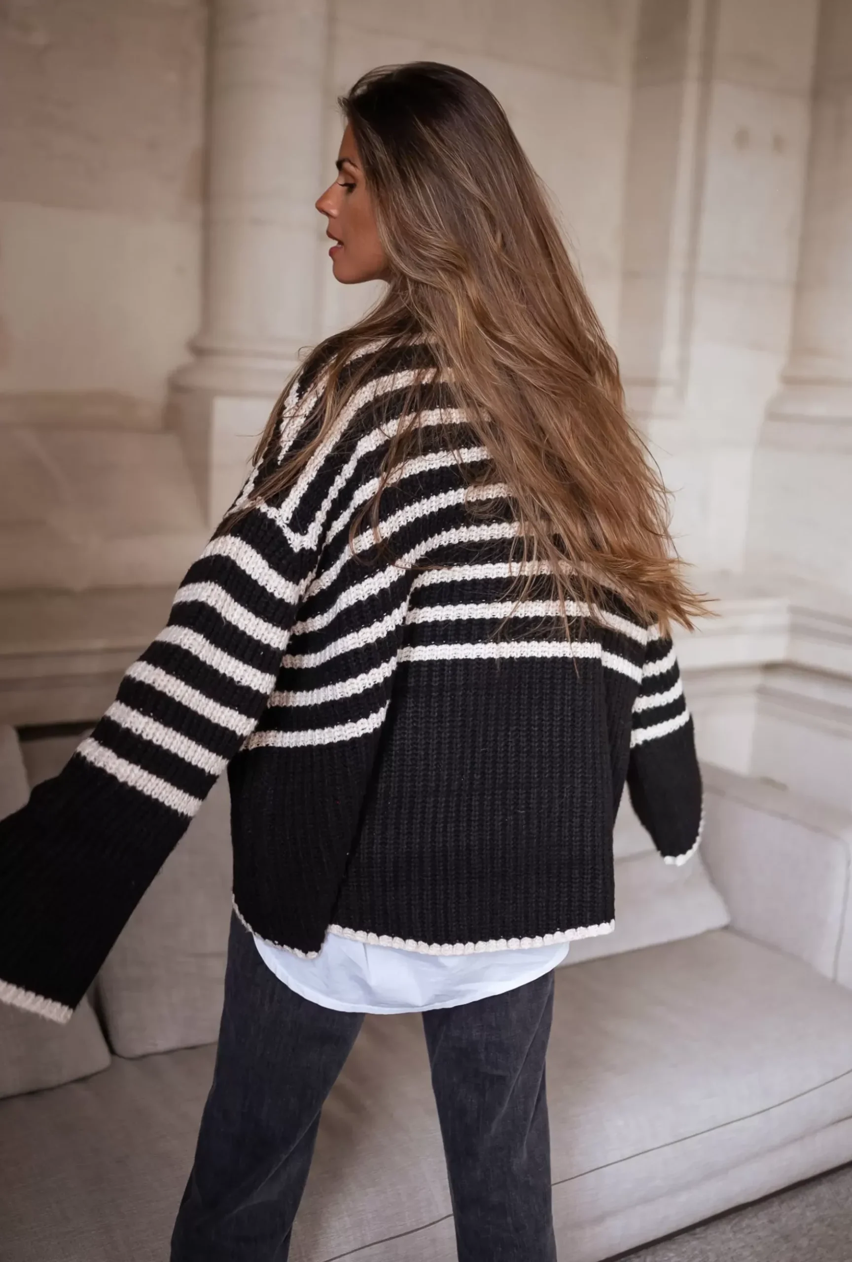 Pulls & Gilets-EASY-CLOTHES Pull Genna à lignes - noir et écruEasy Clothes Noir et écru