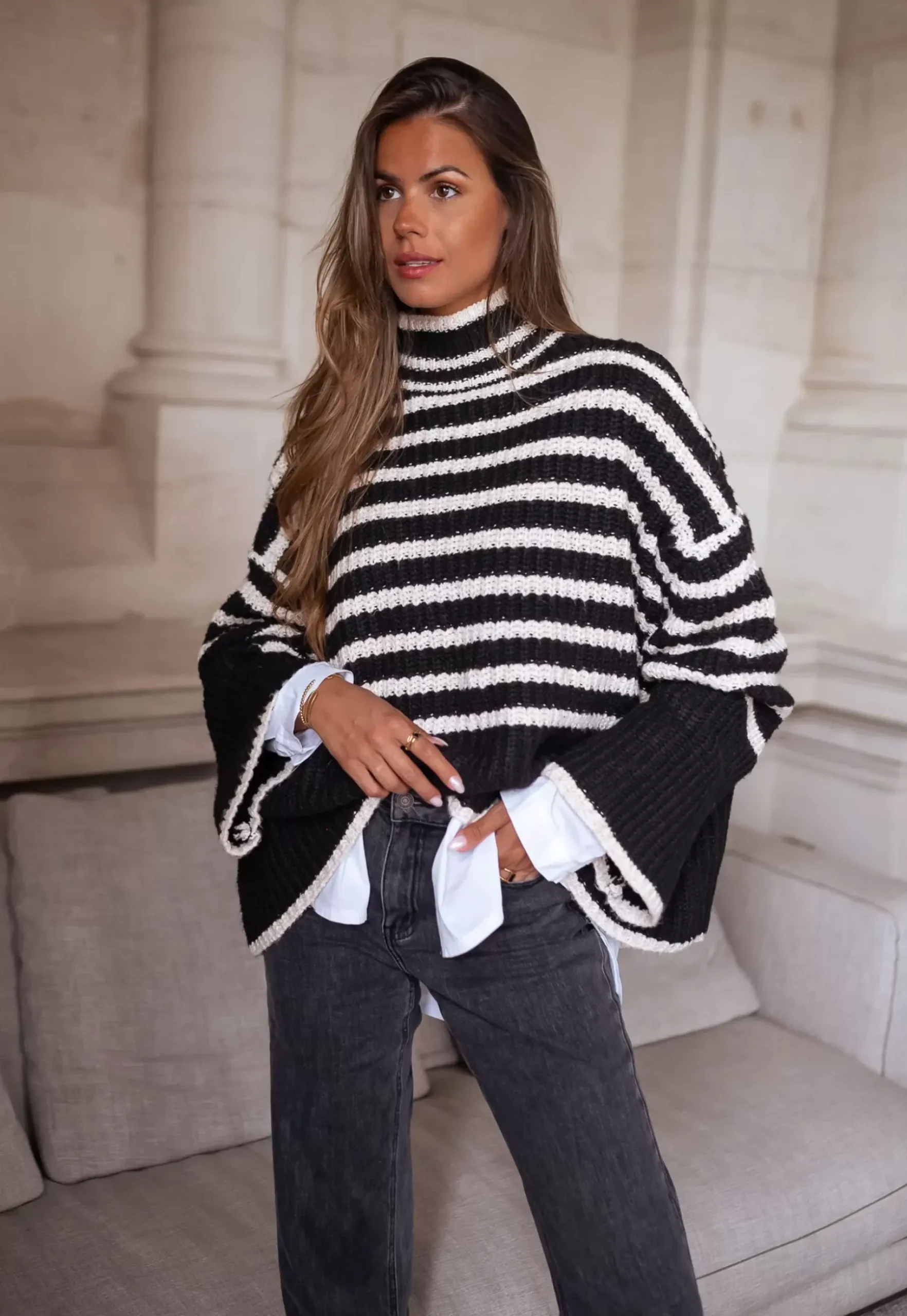 Pulls & Gilets-EASY-CLOTHES Pull Genna à lignes - noir et écruEasy Clothes Noir et écru