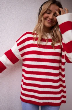 Pulls & Gilets-EASY-CLOTHES Pull Larry - Écru à lignes rougesEasy Clothes Écru à lignes rouges       