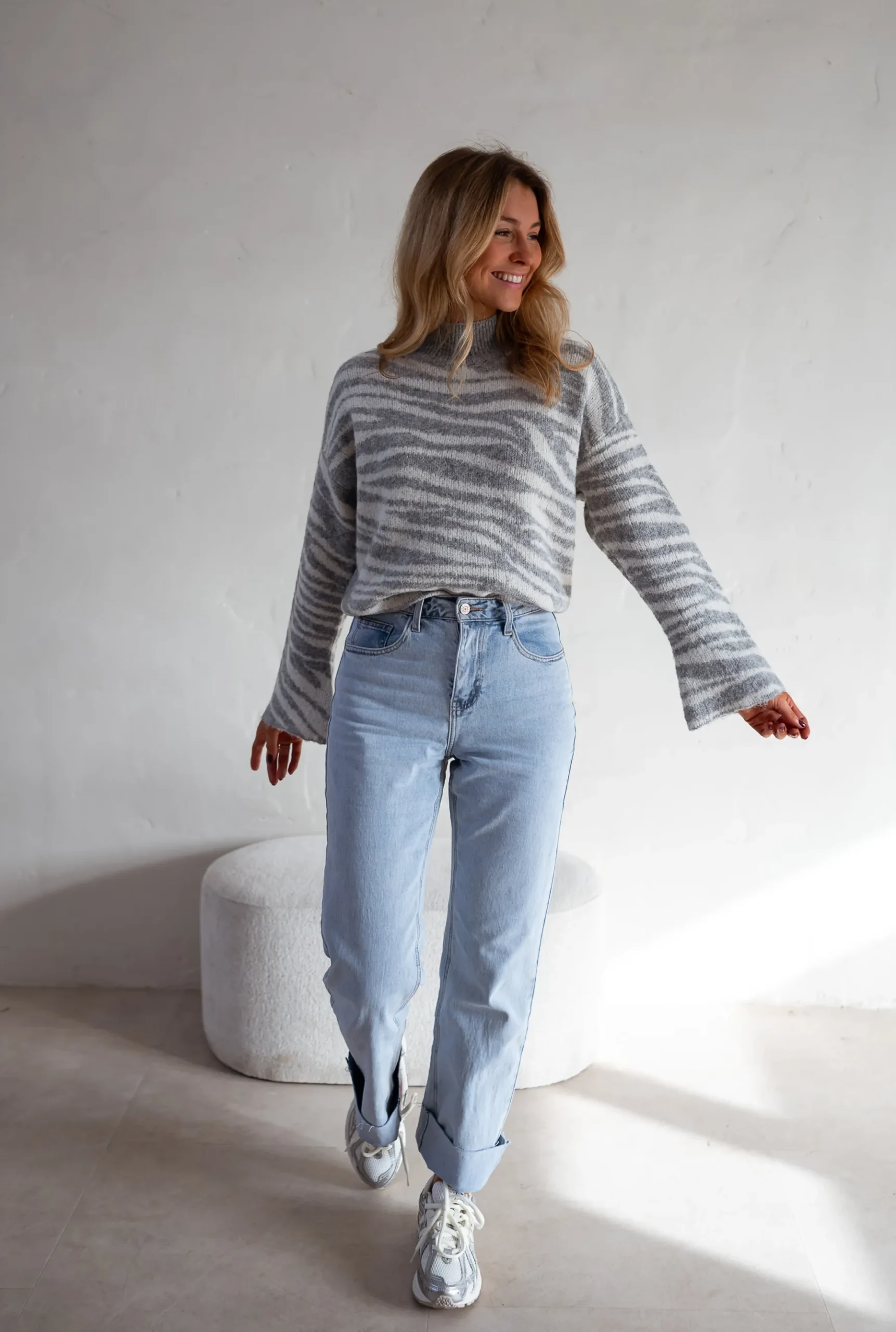 Pulls & Gilets-EASY-CLOTHES Pull Lony - Zèbre - Écru & Gris - Vêtements FemmeEasy Clothes Zèbre écru et gris