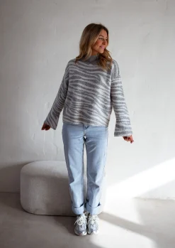 Pulls & Gilets-EASY-CLOTHES Pull Lony - Zèbre - Écru & Gris - Vêtements FemmeEasy Clothes Zèbre écru et gris