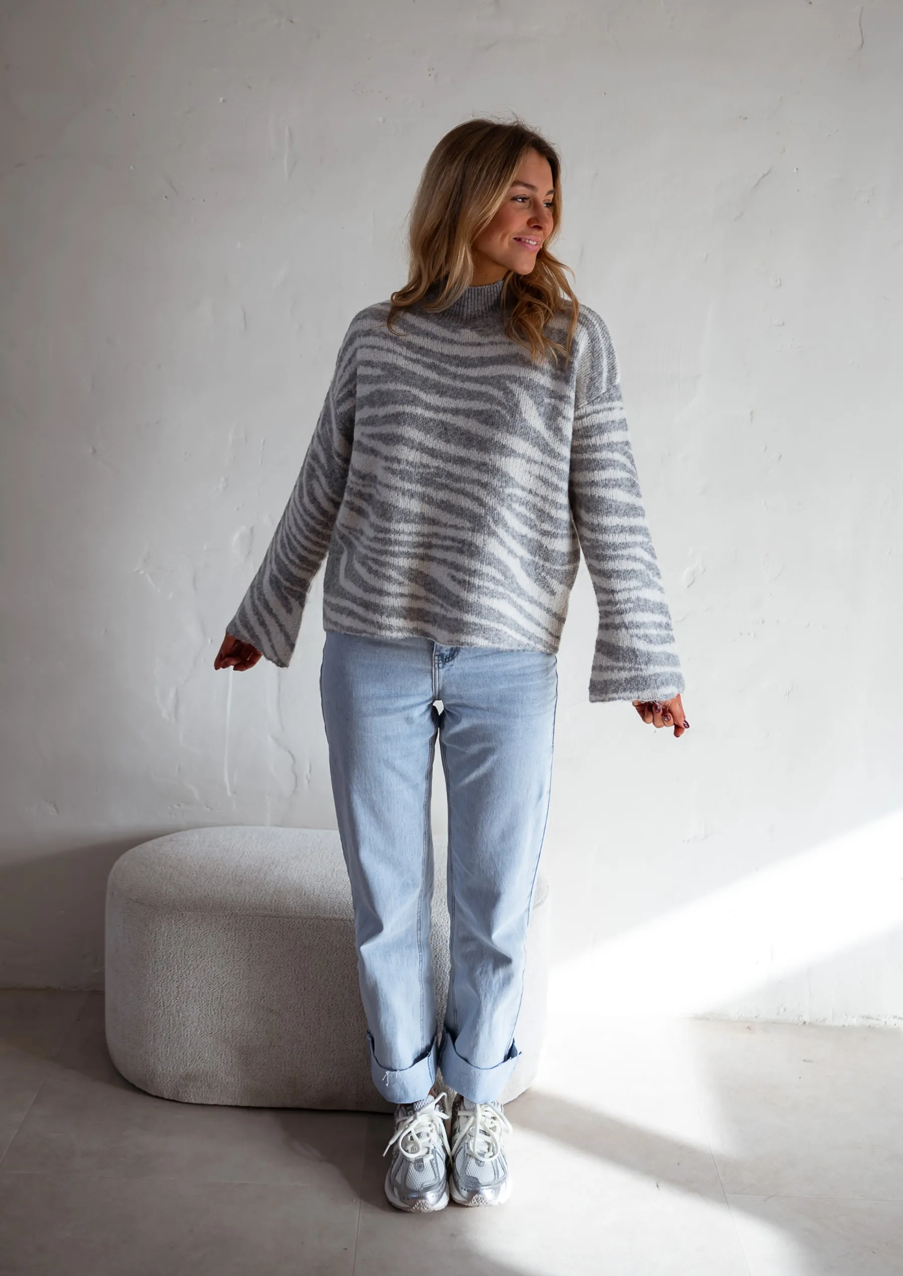 Pulls & Gilets-EASY-CLOTHES Pull Lony - Zèbre - Écru & Gris - Vêtements FemmeEasy Clothes Zèbre écru et gris