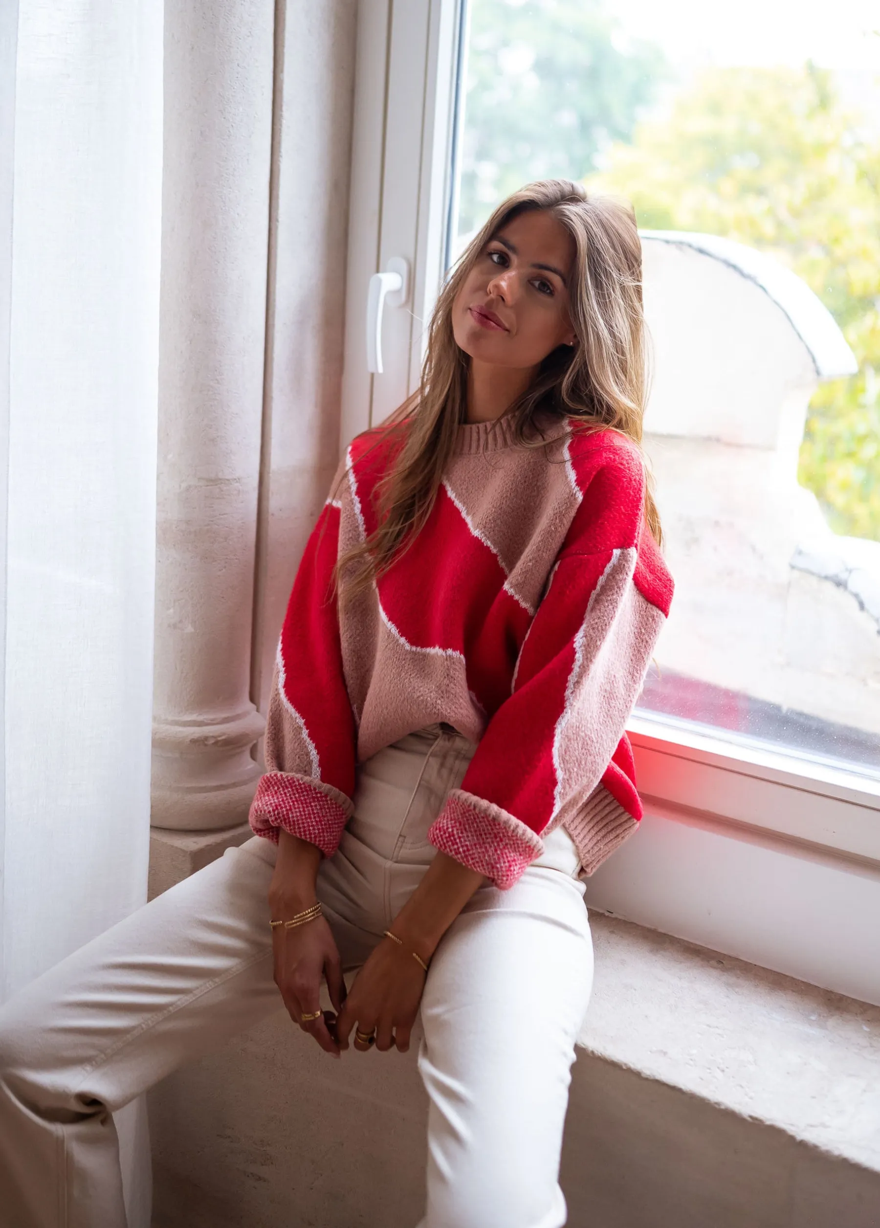 Pulls & Gilets-EASY-CLOTHES Pull Maleka - rouge et vieux roseEasy Clothes Rouge et vieux rose