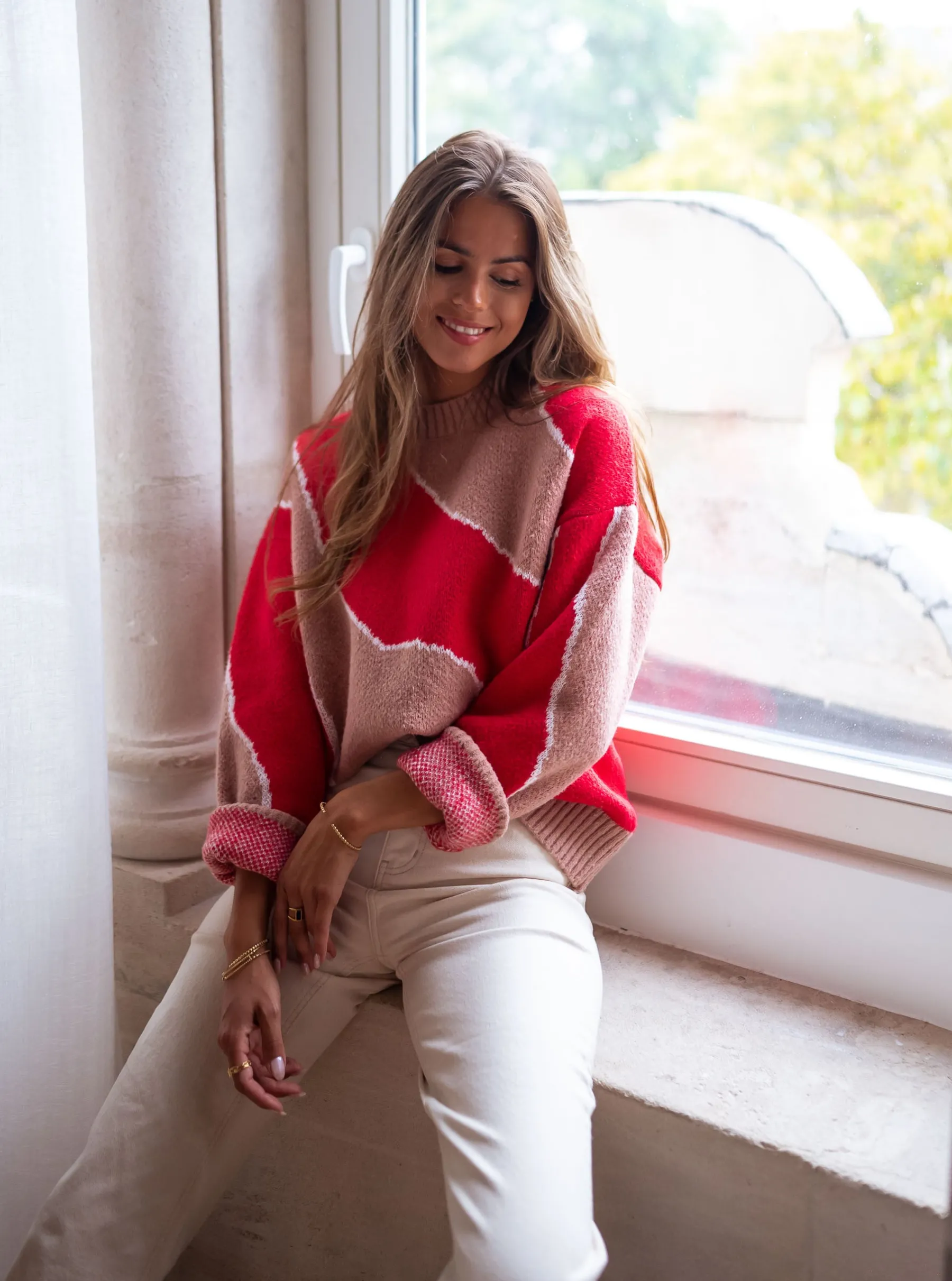 Pulls & Gilets-EASY-CLOTHES Pull Maleka - rouge et vieux roseEasy Clothes Rouge et vieux rose