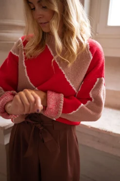 Pulls & Gilets-EASY-CLOTHES Pull Maleka - rouge et vieux roseEasy Clothes Rouge et vieux rose