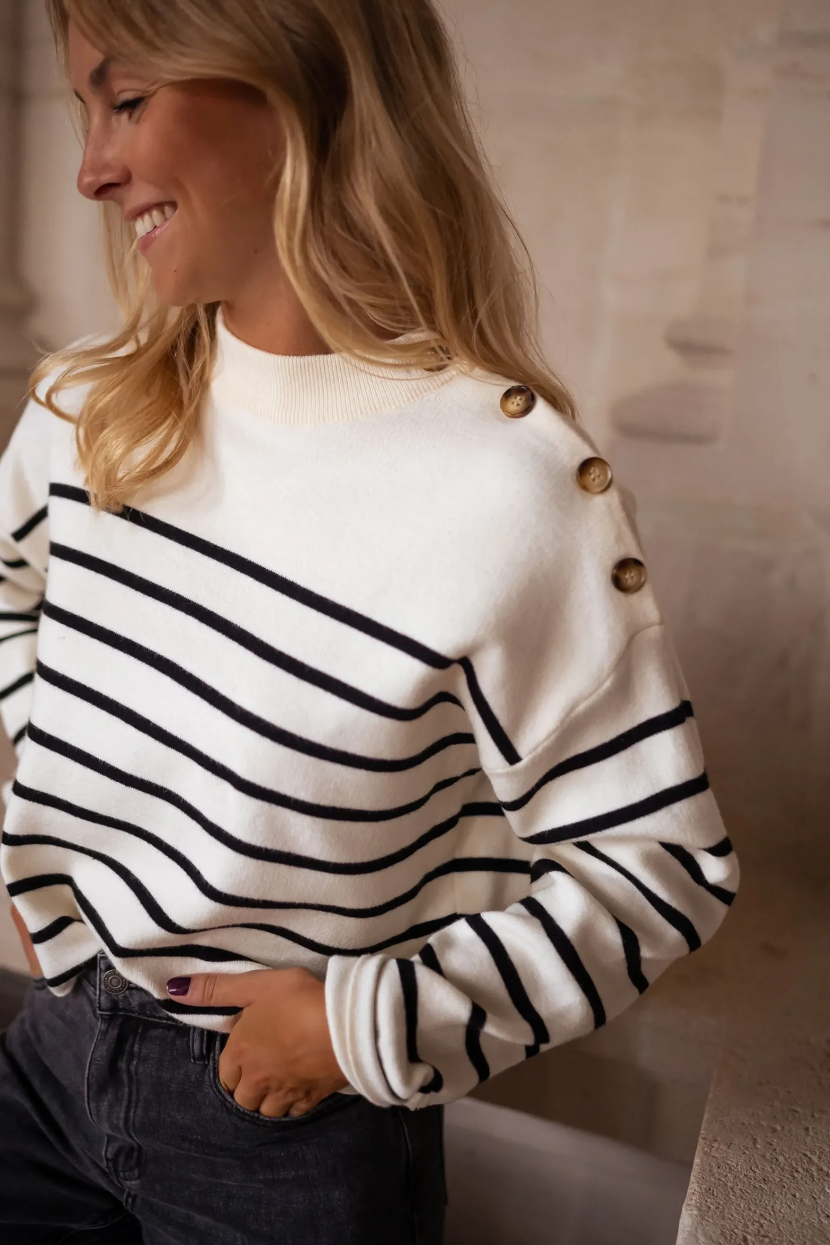 Pulls & Gilets-EASY-CLOTHES Pull Manou à lignes - écru et noirEasy Clothes Écru et noir
