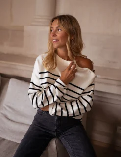 Pulls & Gilets-EASY-CLOTHES Pull Manou à lignes - écru et noirEasy Clothes Écru et noir