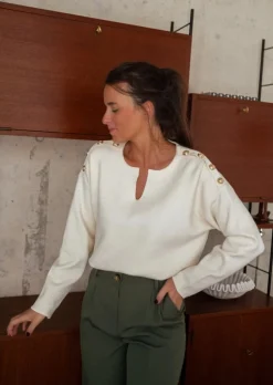Pulls & Gilets-EASY-CLOTHES Pull Marion - Écru - Boutons Aux Épaules - Coupe DroiteEasy Clothes Écru       