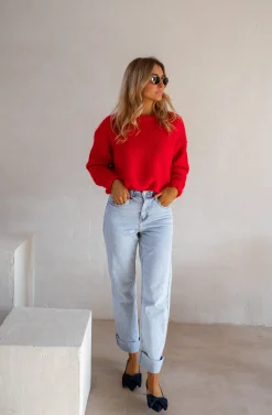 Pulls & Gilets-EASY-CLOTHES Pull Melania - Rouge Vif - Col RondEasy Clothes Rouge       