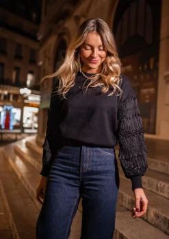 Pulls & Gilets-EASY-CLOTHES Pull Noir - Davia - Manches PaillettesEasy Clothes Noir       