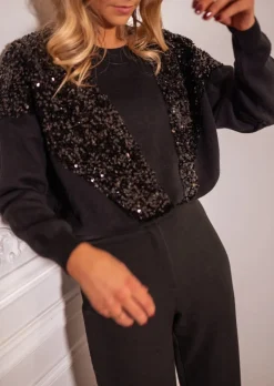 Pulls & Gilets-EASY-CLOTHES Pull Noir Paillettes - Dorine - Col RondEasy Clothes Noir à paillettes       
