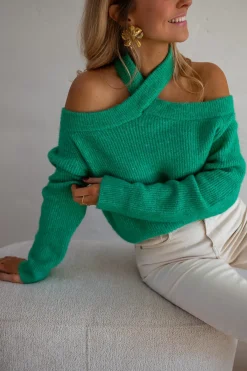 Pulls & Gilets-EASY-CLOTHES Pull Piper - Vert - Col Croisé & DécoupéEasy Clothes Vert       