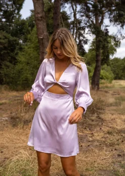 Robes-EASY-CLOTHES Robe Alice - Lilas - Manches Longues - Effet Satin - FluideEasy Clothes Lilas       