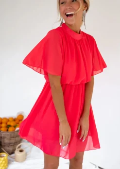 Robes-EASY-CLOTHES Robe Amandine framboise | Robe courte col montant | Prêt-à-porter en ligne | Easy Clothes Framboise       