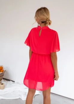 Robes-EASY-CLOTHES Robe Amandine framboise | Robe courte col montant | Prêt-à-porter en ligne | Easy Clothes Framboise