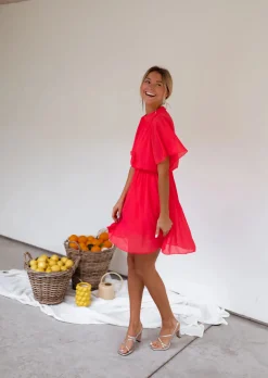 Robes-EASY-CLOTHES Robe Amandine framboise | Robe courte col montant | Prêt-à-porter en ligne | Easy Clothes Framboise