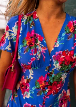 Robes-EASY-CLOTHES Robe Dana bleue à fleurs | Robe fendue à fleurs | Prêt-à-porter en ligne | Easy Clothes Bleue à fleurs       