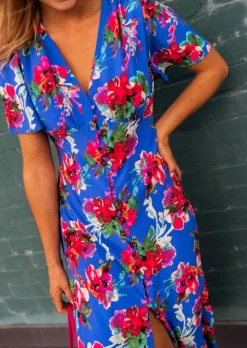 Robes-EASY-CLOTHES Robe Dana bleue à fleurs | Robe fendue à fleurs | Prêt-à-porter en ligne | Easy Clothes Bleue à fleurs       