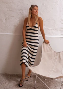 Robes-EASY-CLOTHES Robe De Plage Lignée - Sandra - En Crochet - Col en VEasy Clothes À lignes
