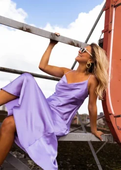 Robes-EASY-CLOTHES Robe Delly lilas | Robe longue satinée | Prêt-à-porter en ligne | Easy Clothes Lilas       