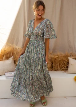 Robes-EASY-CLOTHES Robe Loane - Verte à Motifs - Printemps Été - Easy Clothes Verte à motifs       