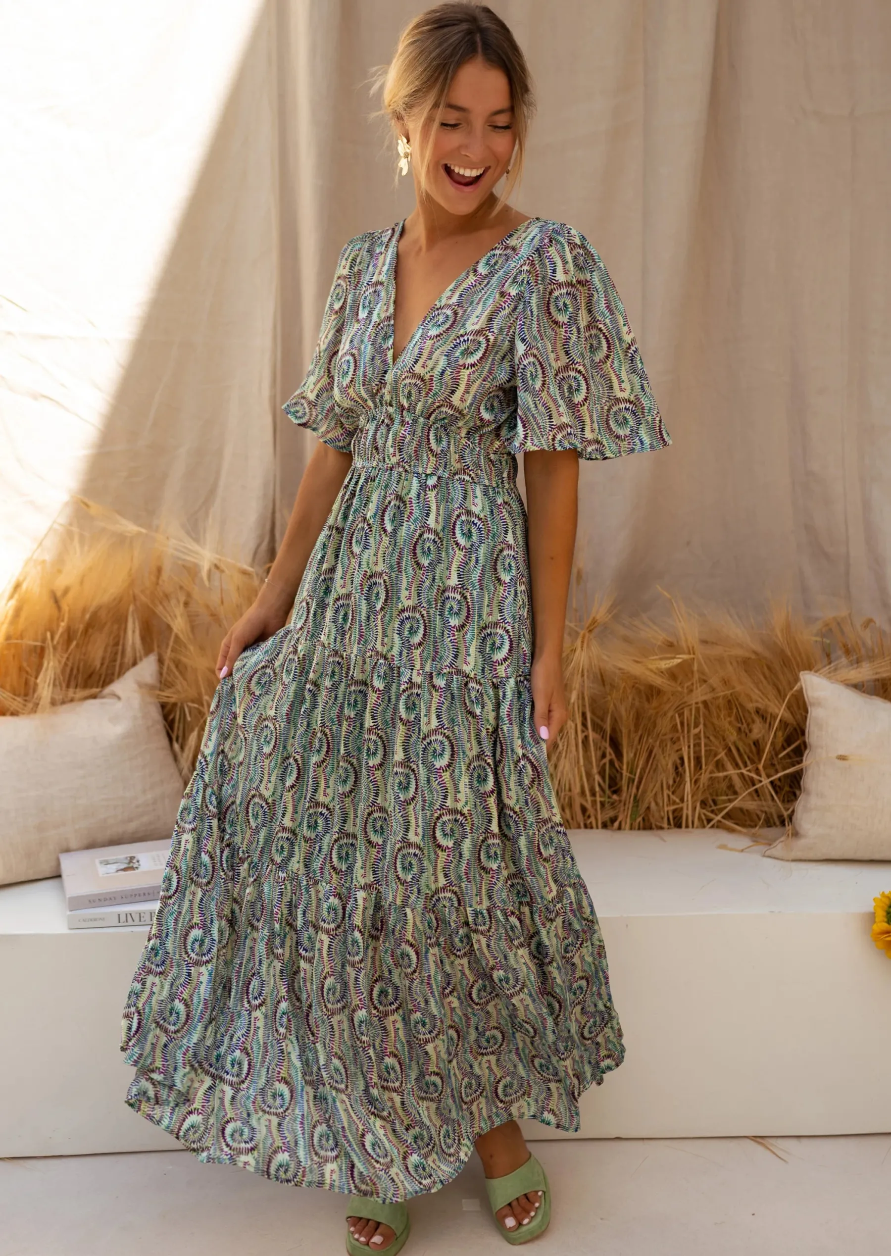 Robes-EASY-CLOTHES Robe Loane - Verte à Motifs - Printemps Été - Easy Clothes Verte à motifs