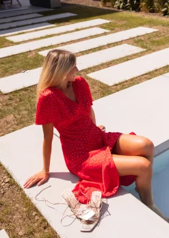 Robes-EASY-CLOTHES Robe longue Baya rose à pois | Robe rouge midi | Prêt-à-porter en ligne | Easy Clothes Rose à pois