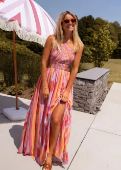 Robes-EASY-CLOTHES Robe longue Emylia orange et rose | Robe d'été colorée | Prêt-à-porter en ligne | Easy Clothes Orange et rose