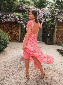 Robes-EASY-CLOTHES Robe longue Jackie - rouge à fleurs blanchesEasy Clothes Rouge à fleurs blanches