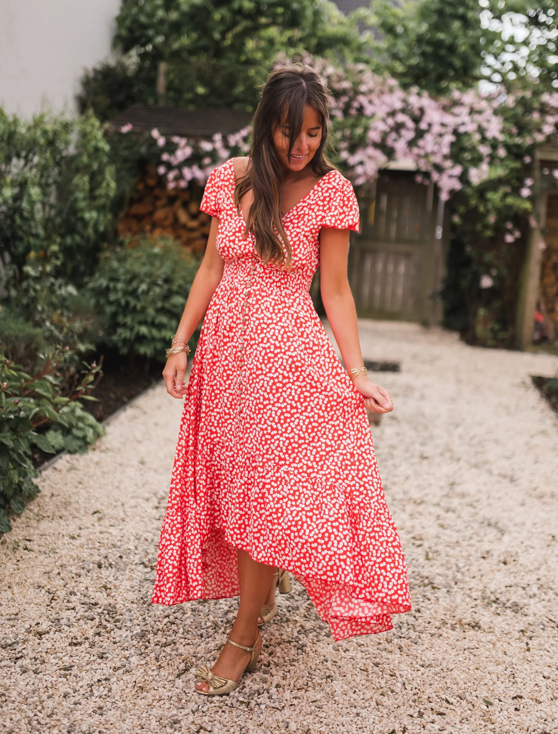 Robes-EASY-CLOTHES Robe longue Jackie - rouge à fleurs blanchesEasy Clothes Rouge à fleurs blanches