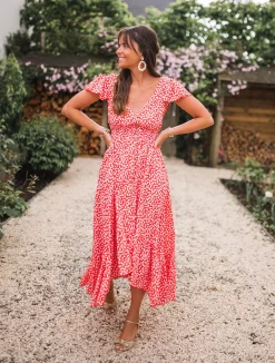 Robes-EASY-CLOTHES Robe longue Jackie - rouge à fleurs blanchesEasy Clothes Rouge à fleurs blanches