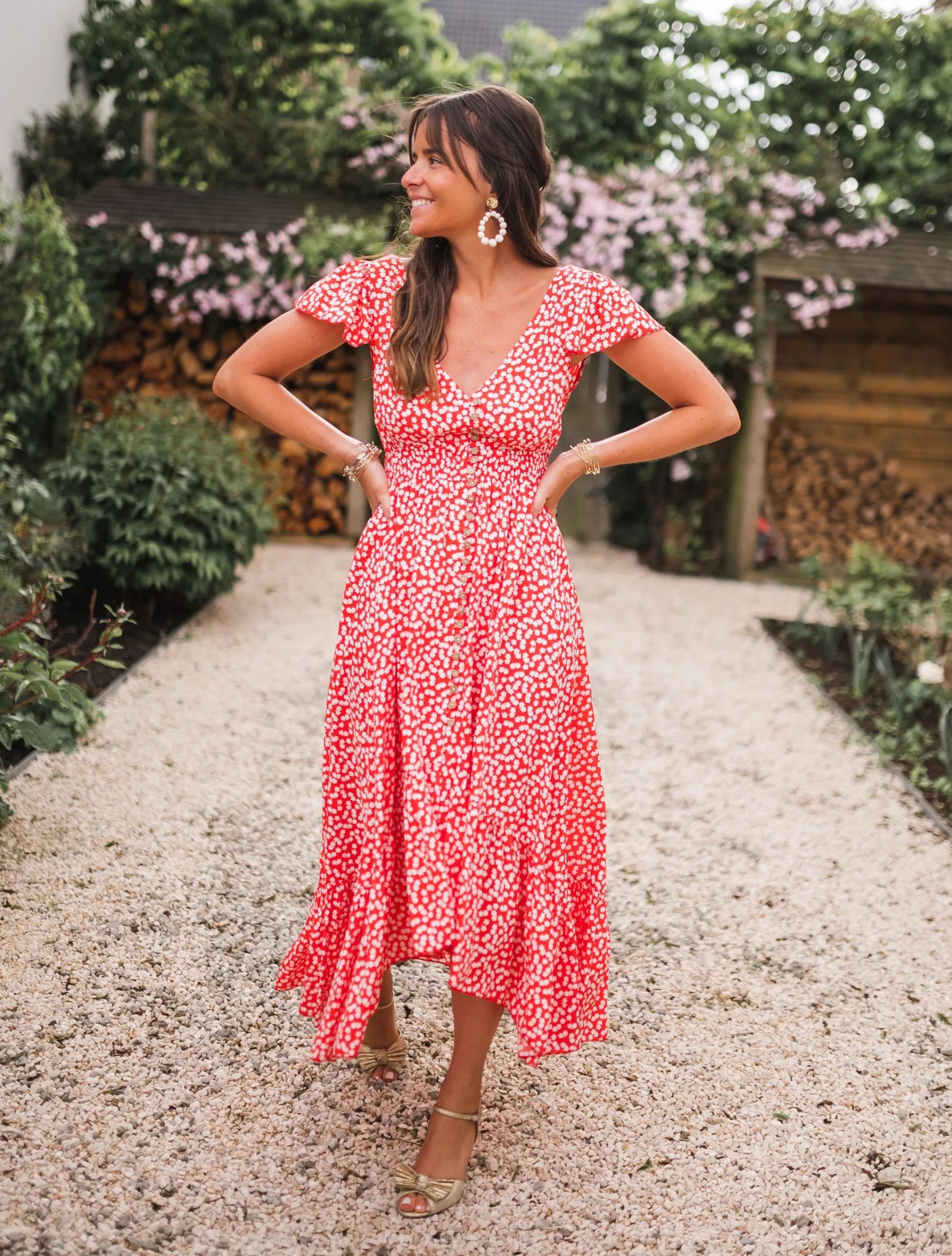 Robes-EASY-CLOTHES Robe longue Jackie - rouge à fleurs blanchesEasy Clothes Rouge à fleurs blanches