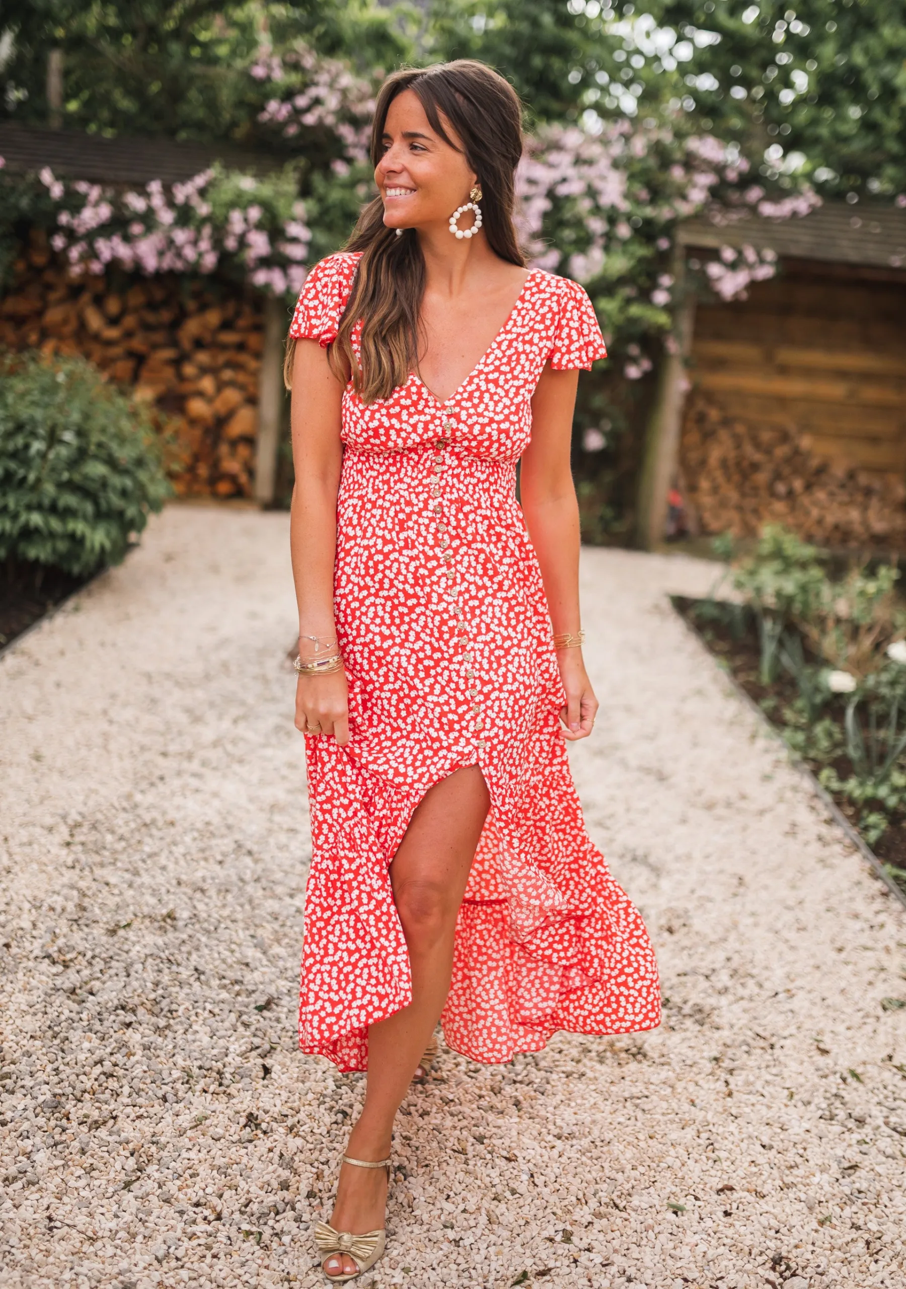 Robes-EASY-CLOTHES Robe longue Jackie - rouge à fleurs blanchesEasy Clothes Rouge à fleurs blanches