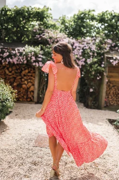 Robes-EASY-CLOTHES Robe longue Jackie - rouge à fleurs blanchesEasy Clothes Rouge à fleurs blanches