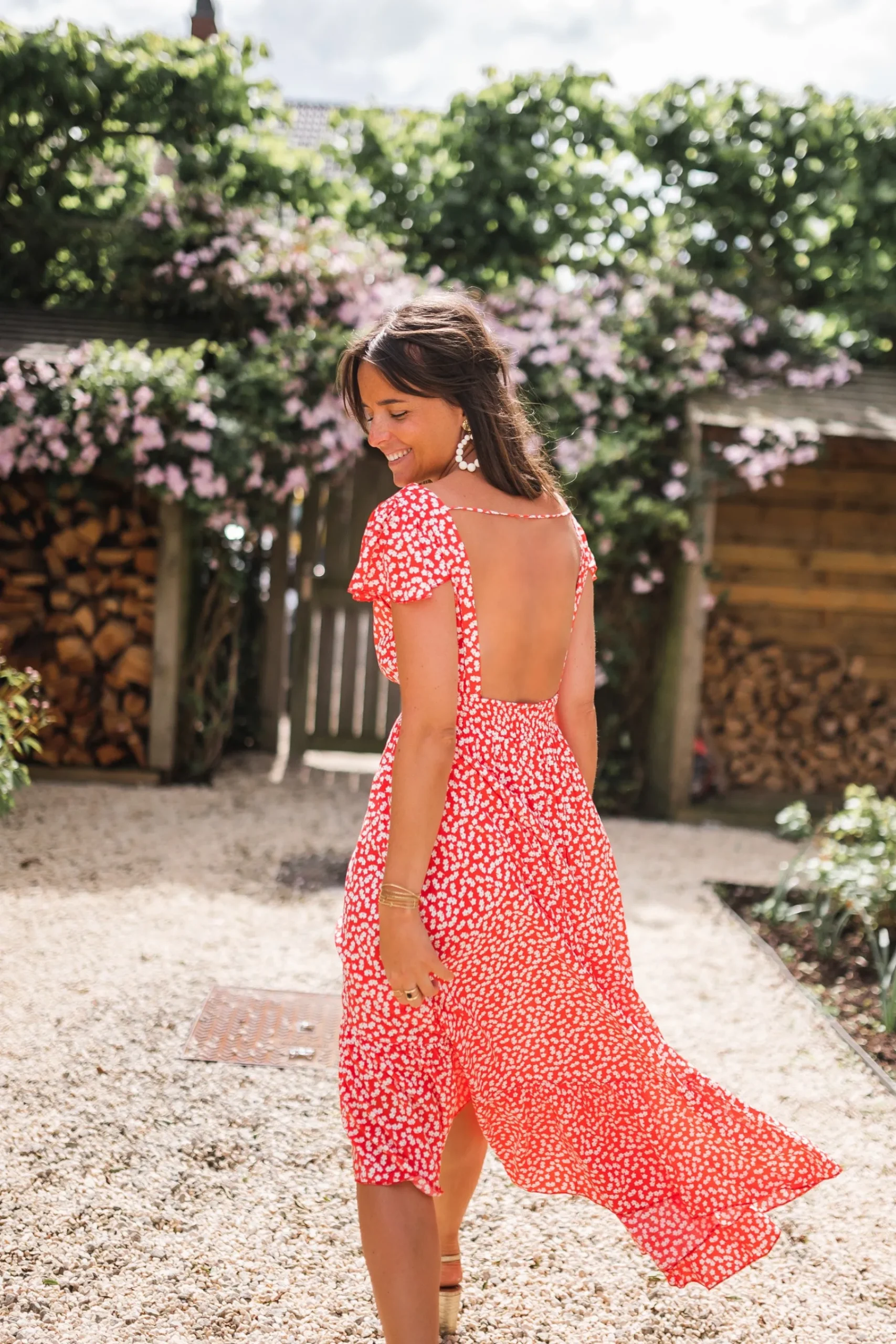 Robes-EASY-CLOTHES Robe longue Jackie - rouge à fleurs blanchesEasy Clothes Rouge à fleurs blanches