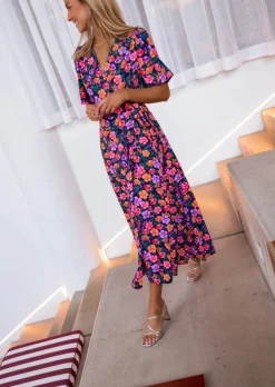 Robes-EASY-CLOTHES Robe Lylia bleue à fleurs | Robe cache-coeur fleurie | Prêt-à-porter en ligne | Easy Clothes Bleue à fleurs       