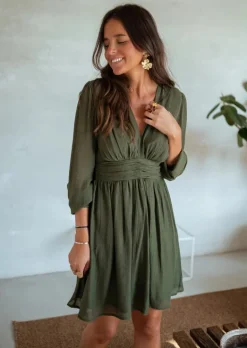 Robes-EASY-CLOTHES Robe Noah - Kaki - Col V Profond - DoubléeEasy Clothes Kaki