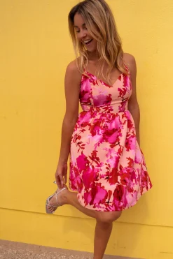 Robes-EASY-CLOTHES Robe Nolwenn rose à fleurs | Robe dos ouvert | Prêt-à-porter en ligne | Easy Clothes Rose à fleurs