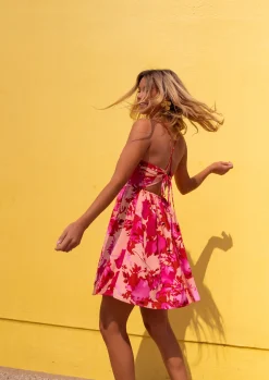 Robes-EASY-CLOTHES Robe Nolwenn rose à fleurs | Robe dos ouvert | Prêt-à-porter en ligne | Easy Clothes Rose à fleurs