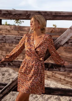 Robes-EASY-CLOTHES Robe Phoenix - Chocolat - À Motifs - Manches LonguesEasy Clothes Chocolat