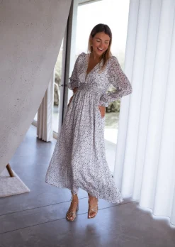 Robes-EASY-CLOTHES Robe Rosana grise à motifs | Robe longue fleurie | Prêt-à-porter en ligne | Easy Clothes Grise à motifs