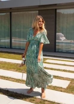 Robes-EASY-CLOTHES Robe Sienna verte à motifs | Robe longue de cocktail | Prêt-à-porter en ligne | Easy Clothes Verte à motifs