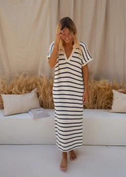 Robes-EASY-CLOTHES Robe Soam - Lignes Bleues & Écrues - Effet MailleEasy Clothes Bleues et écrues