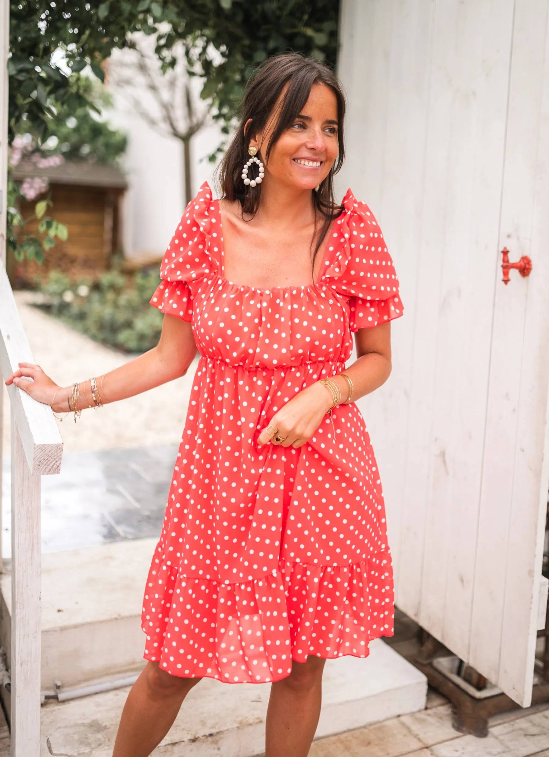 Robes-EASY-CLOTHES Robe Talou corail - à pois blancEasy Clothes À pois blanc