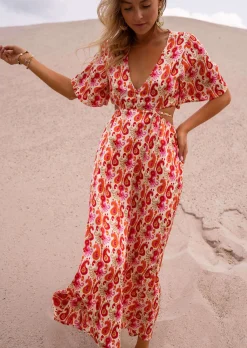 Robes-EASY-CLOTHES Robe Tatiana - Motifs Roses & Oranges - Vêtements Easy Clothes Rose et orange