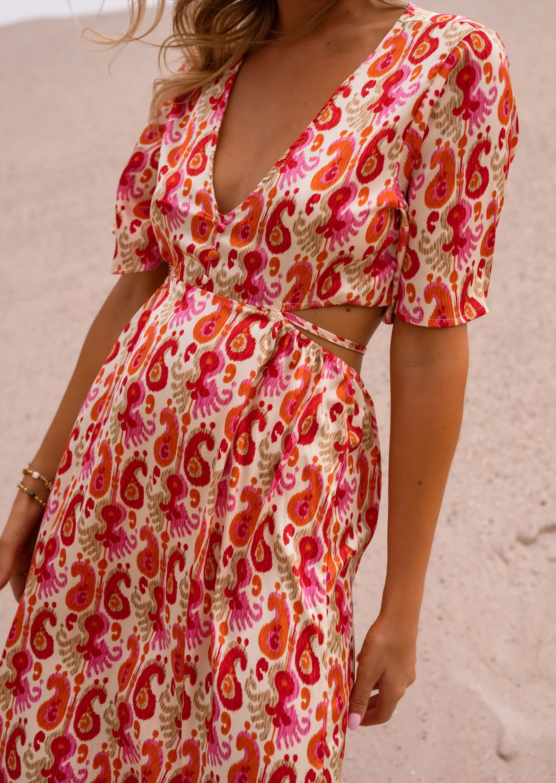 Robes-EASY-CLOTHES Robe Tatiana - Motifs Roses & Oranges - Vêtements Easy Clothes Rose et orange