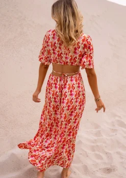 Robes-EASY-CLOTHES Robe Tatiana - Motifs Roses & Oranges - Vêtements Easy Clothes Rose et orange