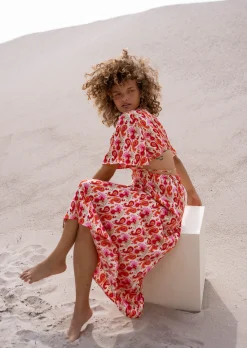 Robes-EASY-CLOTHES Robe Tatiana - Motifs Roses & Oranges - Vêtements Easy Clothes Rose et orange