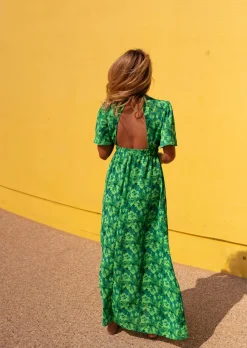 Robes-EASY-CLOTHES Robe Tiphaine verte à motifs | Robe longue dos nu | Prêt-à-porter en ligne | Easy Clothes Verte à motifs