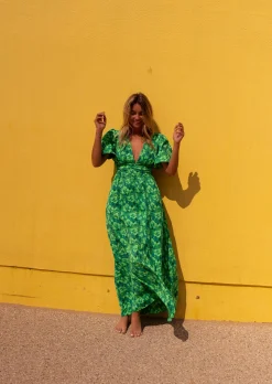 Robes-EASY-CLOTHES Robe Tiphaine verte à motifs | Robe longue dos nu | Prêt-à-porter en ligne | Easy Clothes Verte à motifs